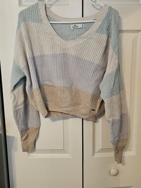 Hollister Pastel Striped V-Neck Sweater - Light Blue, Cream, Tan